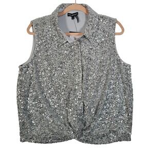 HALSTON Silver Sequin Sleeveless Collared Twist Front Button Up Shirt Top Large